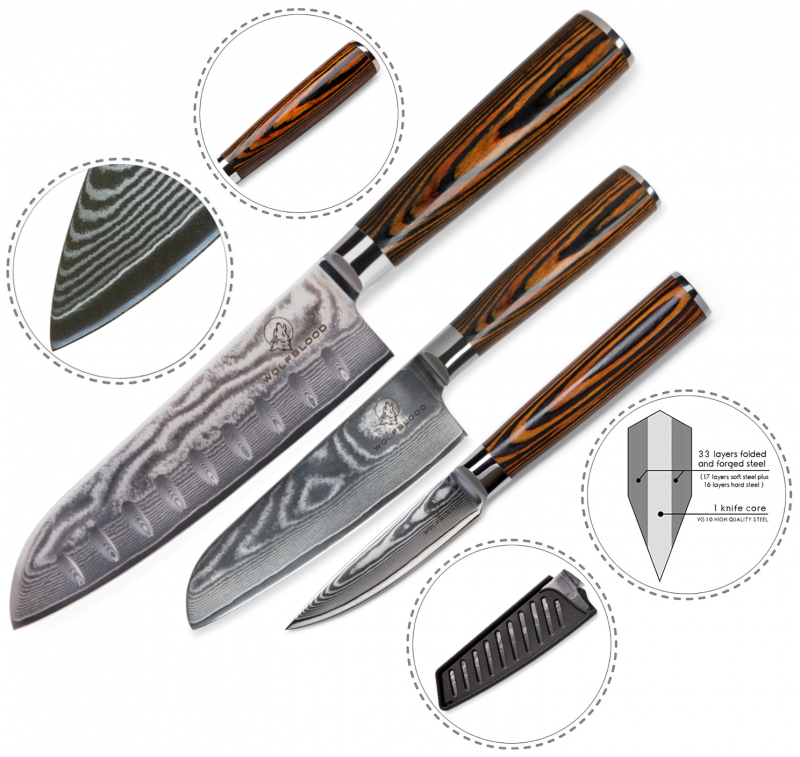 Details Damastmesser Küchenmesser Set Santoku-Damastmesser Santoku Messer Set